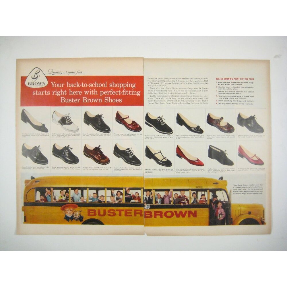 Vintage Buster Brown Shoes Back To School Print Ad 1950s 2 Page School Bus